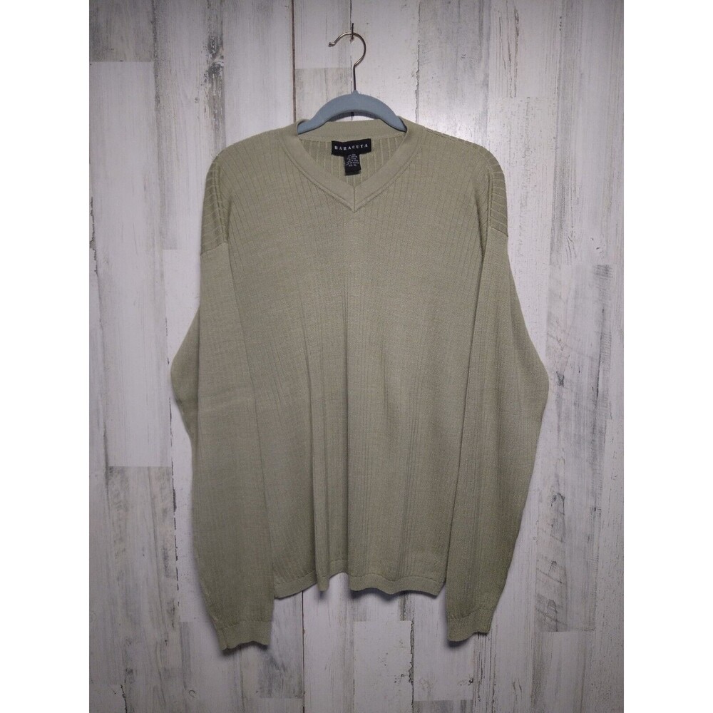 Baracuta Sweater Mens XL Beige Silk Blend Long Sleeve Ribbed V Neck Casual